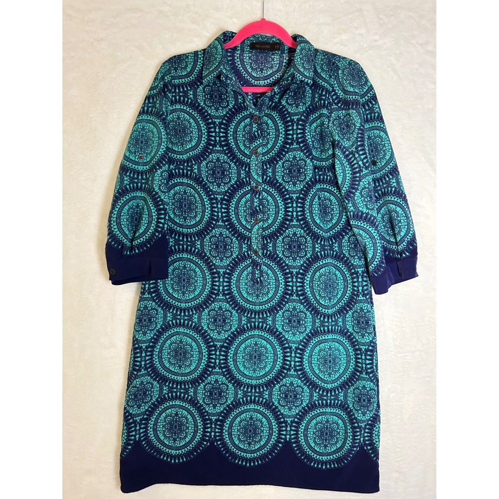 The Limited Womens Medium Teal Navy Medallion Shift Dress 3/4 Sleeve Collared